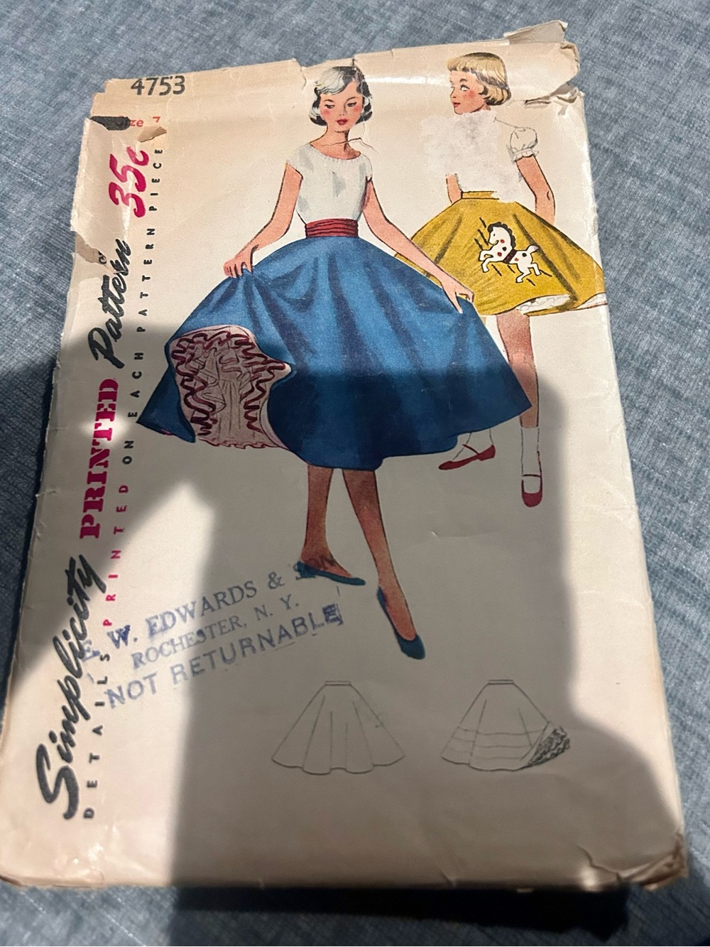 Vtg 1950s Simplicity 4753 Girls Poodle Circle Skirt & Petticoat Pattern Size 7